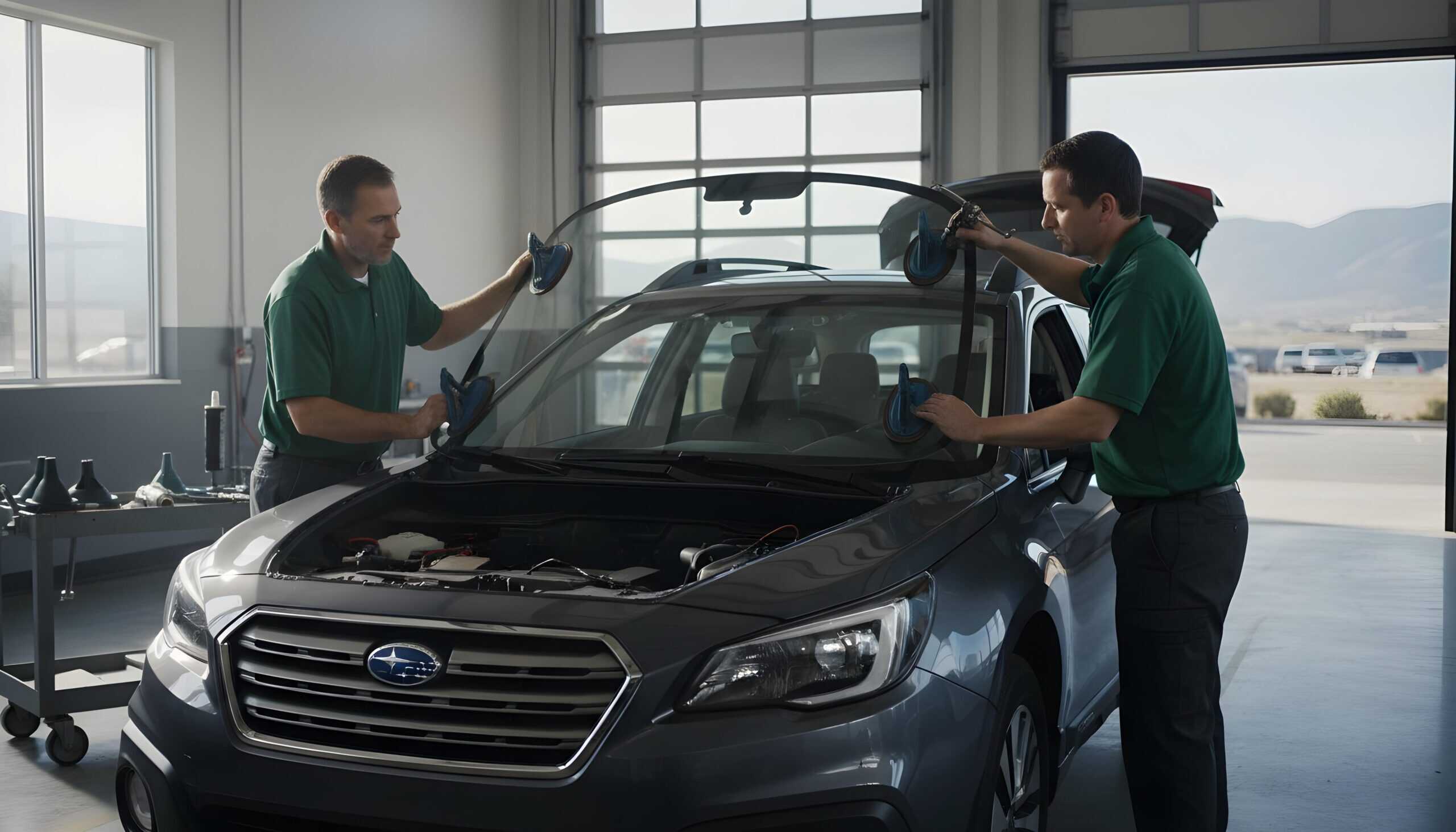 Tempered auto glass installation Subaru vehicle at auto repair shop.