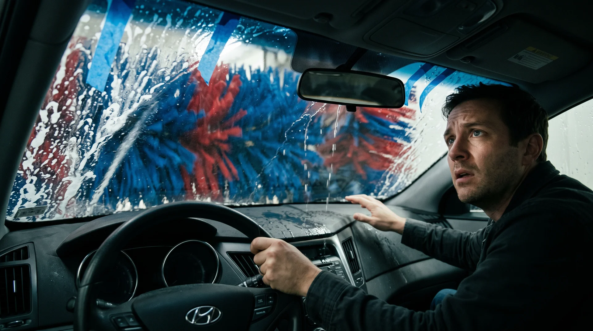 Car wash brushes and spray hitting a freshly installed windshield with retention tape still on it